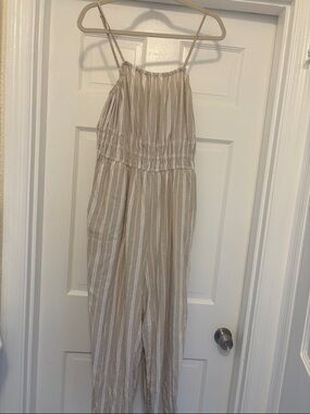 Old Navy Beige and White Striped Spaghetti-Strap Jumpsuit